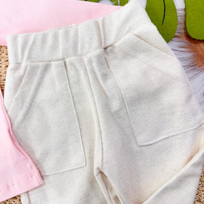 Conj. Blusa Manga Longa Flores 3D e Calça de Linho - Rosa e Areia